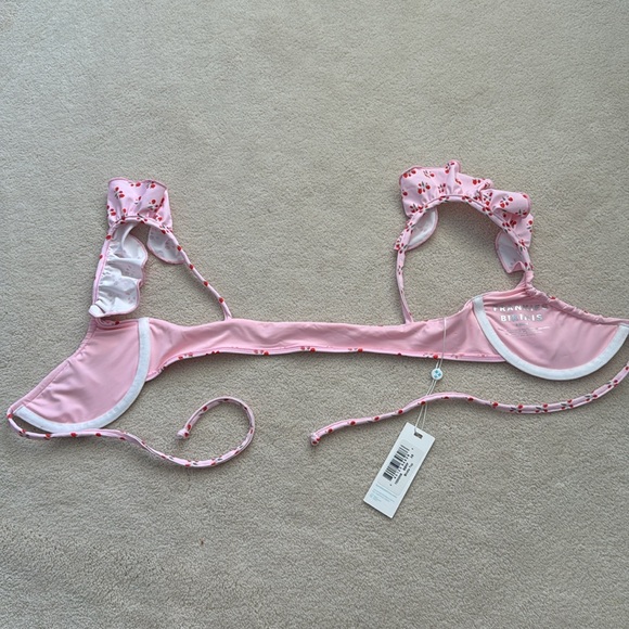 Pastel pink cherry print bikini top with flutter shoulder straps and underwire. - Picture 4 of 4